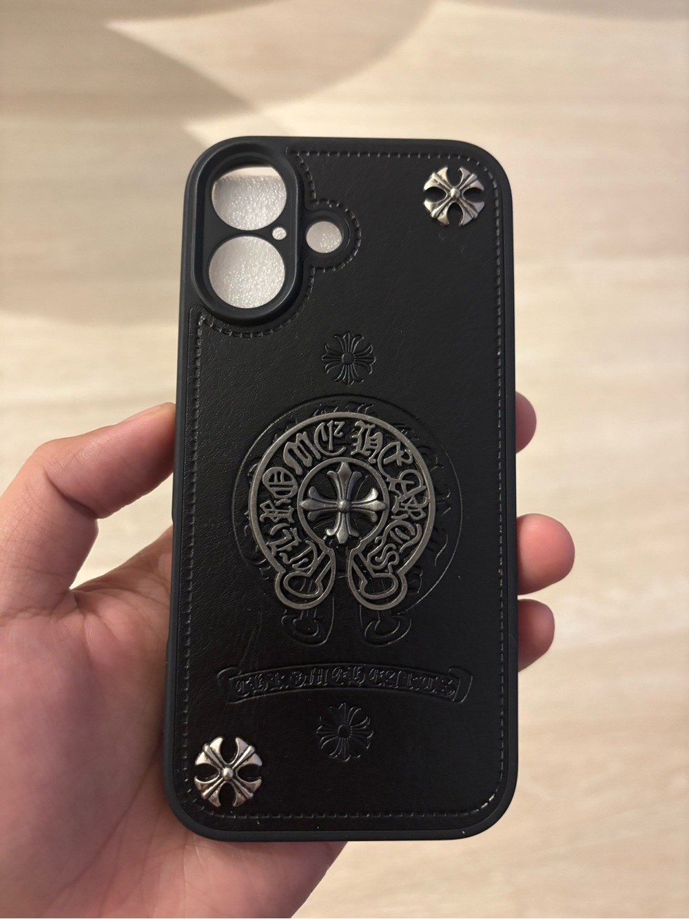 Black Embossed Leather-Style Phone Case with Silver Cross Accents for IPhone 17